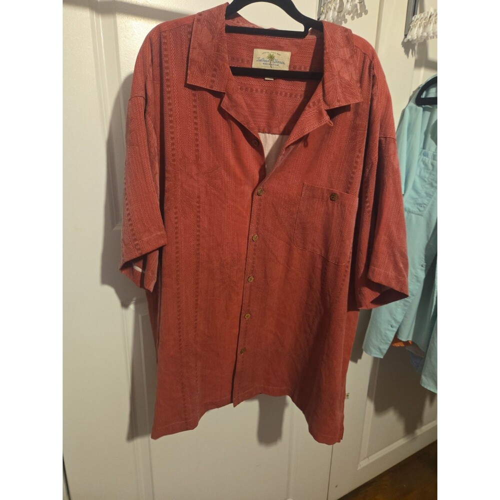 Island Shores Mens XXL 100% Silk Hawaiian Shirt Rust Jacquard Camp Aloha 2XL